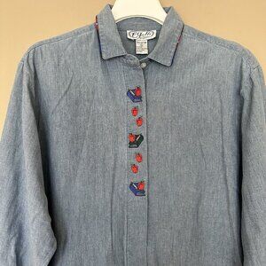 Vintage Embroidered Apple Teacher Button Shirt Women XL Teacher Denim P’Galli